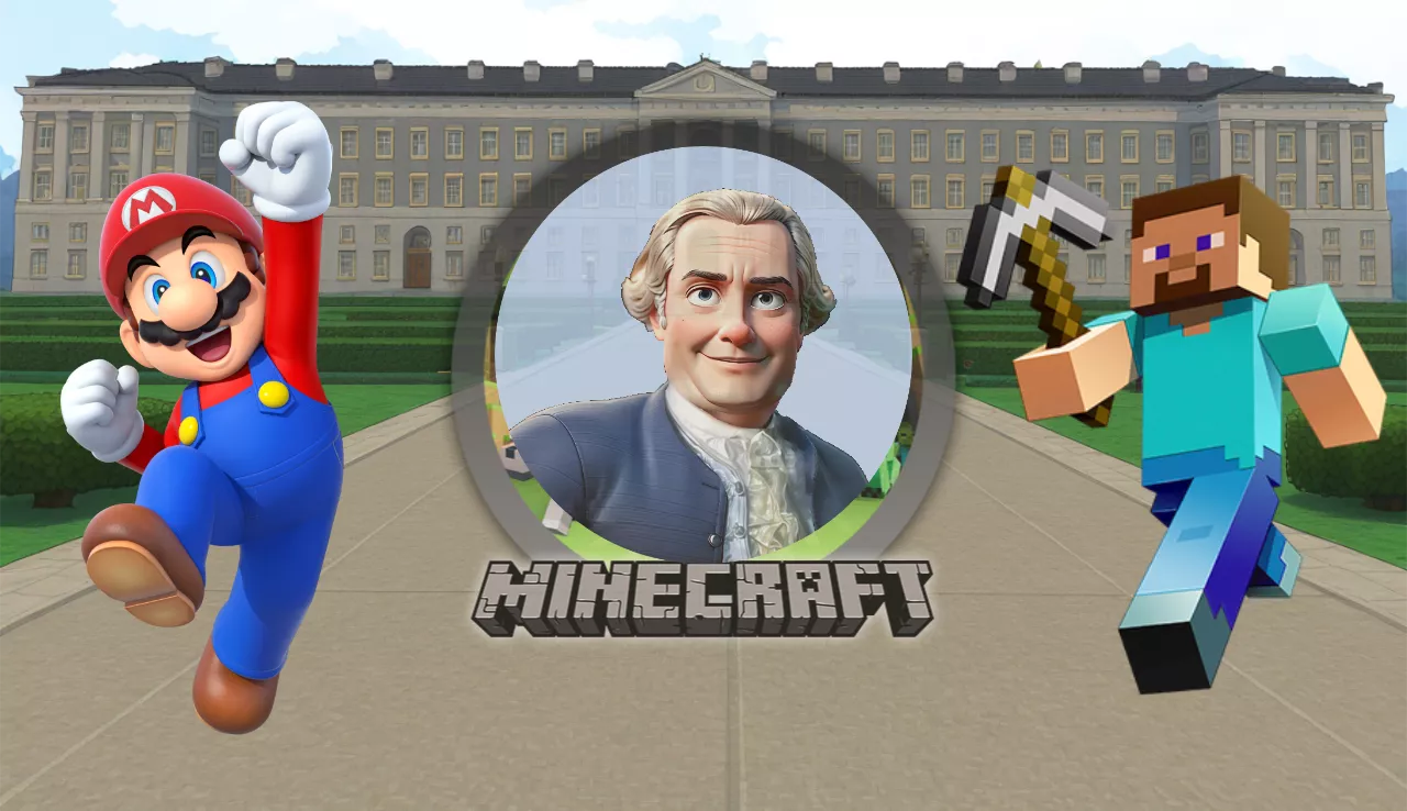 Vanvitelli as a builder in Minecraft and Mario Bros